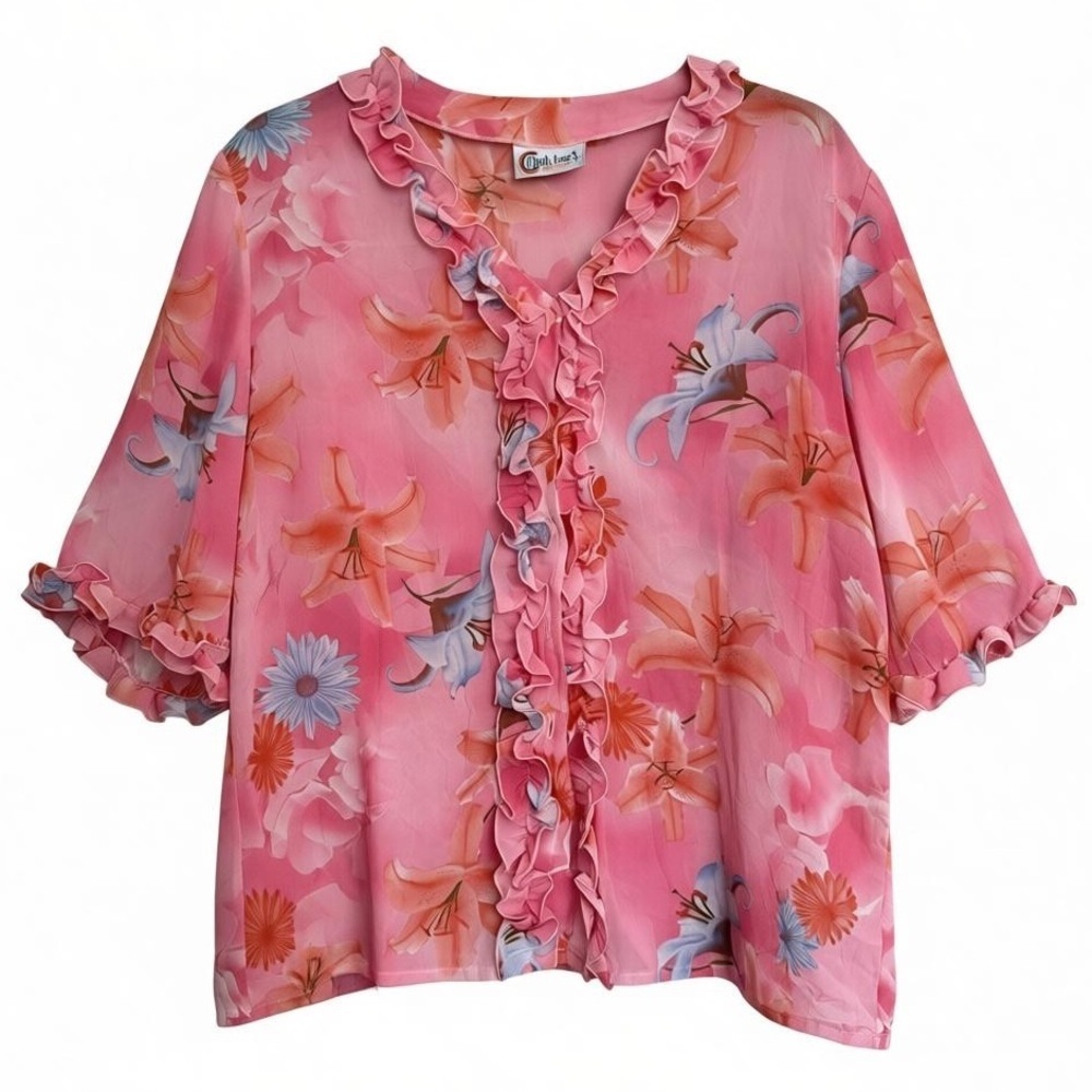 Vintage Flashback Pink Floral Ruffle Semi Sheer Blouse Sz XL Soft Girl Coquette